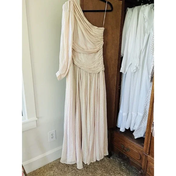 BHLDN One-Shoulder Maxi Dress Formal Gown Ruched Pink‎ Sparkle Size 4 - Picture 10 of 11